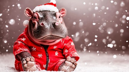 A cute hippo in a festive red Christmas outfit and Santa hat, sitting in a snowy environment, embracing the holiday spirit.
