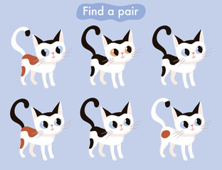Find two some pictures educational game for kids with cute cat. Vector illustration. Find two identical game. Logical puzzle, brain teaser for children.
