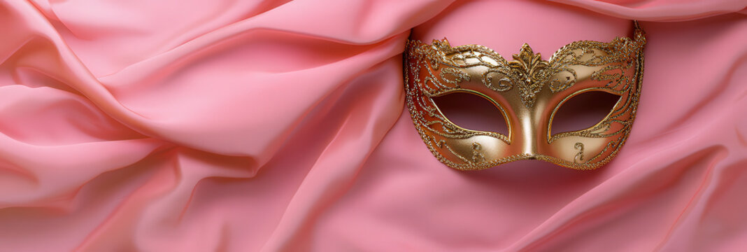 Preciosa mascara dorada de carnaval con formas art&iacute;sticas, posada sobre una tela de seda rosa. Concepto carnaval de Venecia