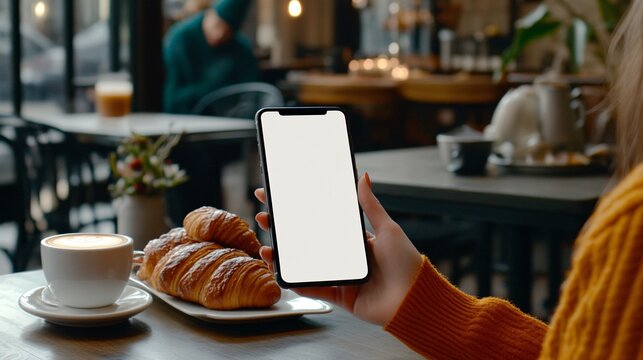 A young Caucasian woman holding a blank smartphone in a cozy café, accompanied by coffee and croissants, creating a warm and inviting atmosphere.