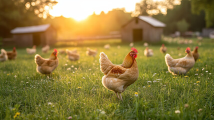 Fototapeta premium Golden sunrise illuminating a free-range poultry farm, where chickens forage peacefully on open grassy land dotted with wildflowers and wooden coops.