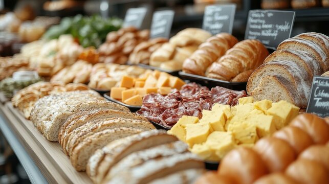Fresh assorted bread rolls crusty baguettes sliced bread cheeses cured meats displayed on rustic market stall for gourmet food lovers cozy warm tones inviting atmosphere bakery counter shop display