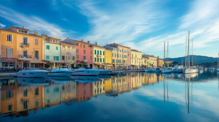 Vibrant, pastel-colored buildings line a peaceful marina, their reflections mirrored in the calm waters, under a bright blue sky, creating a picturesque scene.