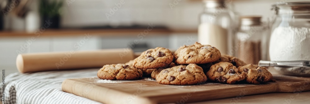 Poster freshly baked cookies placed on a wooden board with space for additional text in a cozy kitchen sett