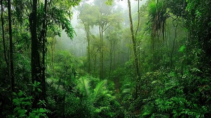 Obraz premium Lush green rainforest shrouded in mist and tranquility.
