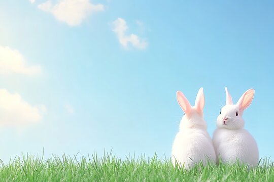 Two white rabbits sitting on green grass under blue sky