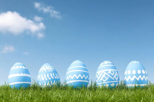Five decorated light blue easter eggs standing on green grass under blue sky