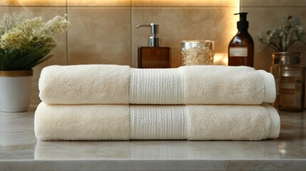 Soft towels neatly arranged on a bathroom countertop.