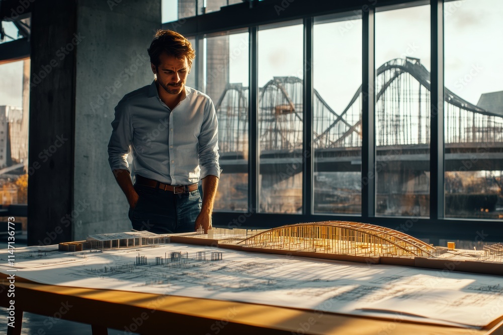 Poster civil engineer evaluates bridge design model during afternoon at urban architecture studio with city