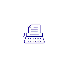 Retro typewriter icon with document in minimalistic blue on white background