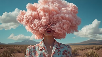 Model wearing giant pink fluffy wig and sunglasses in the desert