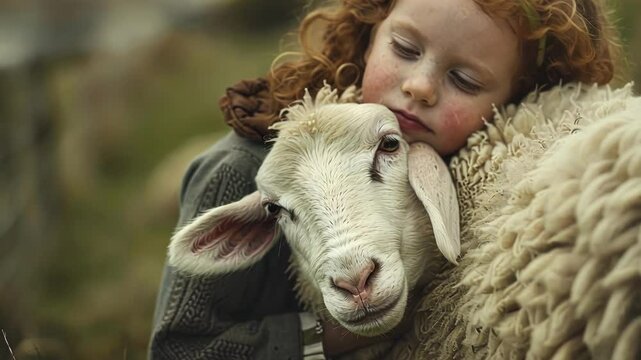 Blurry sight of a child being hugged by a wooly sheep.
