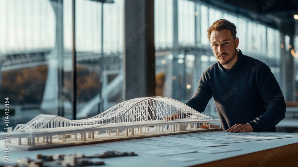 Leinwandbilder civil engineer working on a bridge model in a modern office environment during a bright afternoon. g
