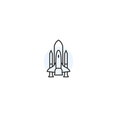 Minimalist line art rocket icon on white background for technology design