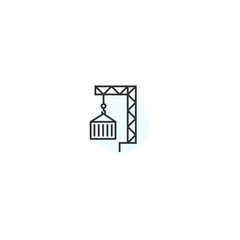 Minimalist crane icon with cargo container in line art style for construction theme