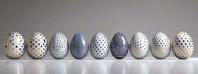 Row of decorated easter eggs with gold and blue geometric patterns standing on white reflective surface