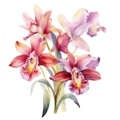 Colorful watercolor orchids in shades of red, orange, and yellow with intricate details. Artistic floral design perfect for creative projects, interior decor, fashion trends. Vibrant and expressive.