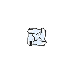 Unity symbol: four interlocking hands circle emphasizing diversity and collaboration
