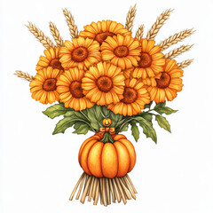 vibrant bouquet of orange flowers with wheat and pumpkin, perfect for autumn