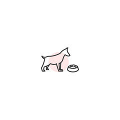 Minimalist dog outline icon with food bowl on soft pink circle