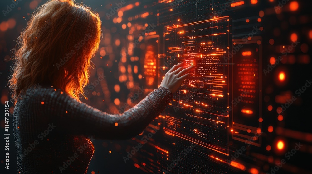 Poster a person interacts with a glowing digital interface filled with data and circuits.