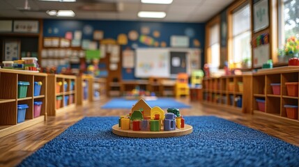 Colorful wooden toy blocks arranged on blue carpet in bright preschool classroom with shelves and large windows for education, learning, early childhood development, kids play area, daycare center at