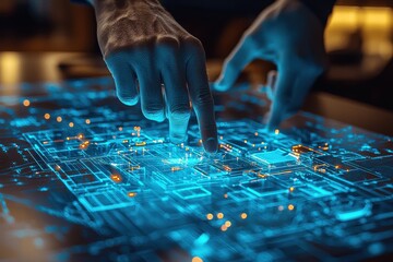 Naklejka premium Hands Interacting with Futuristic Digital Interface Featuring Orange and Blue Holograms