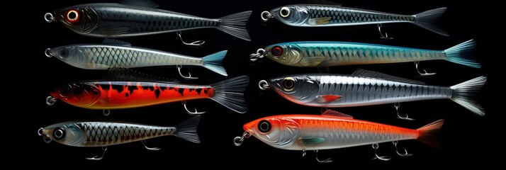 Vibrant fishing lures displayed on a black background for angler's delight. Generative AI