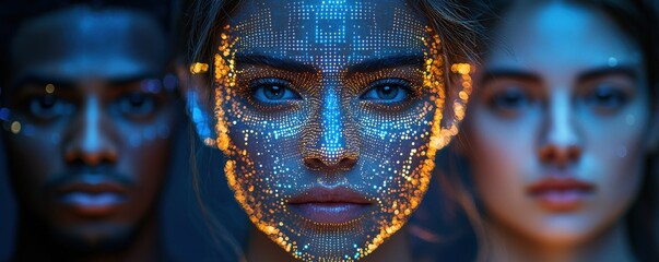 Three individuals with illuminated faces showcasing art and technology fusion