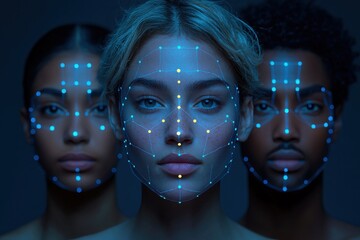 Three individuals with illuminated facial patterns showcasing advanced biometric technology