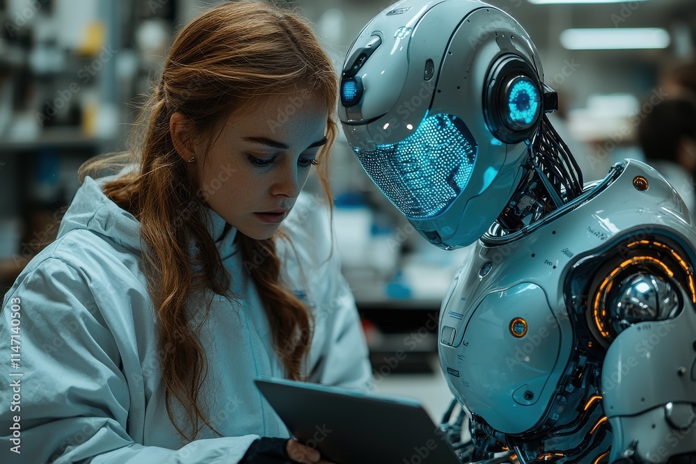 Poster two engineers collaborating on advanced robotics and artificial intelligence projects