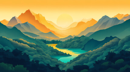 Sunrise over mountainous terrain, where golden light dances across craggy outcroppings, emerald forests, and turquoise lakes, evoking a sense of awe and adventure. Craggy. Illustration