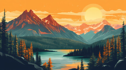 Sunrise over mountainous terrain, where golden light dances across craggy outcroppings, emerald forests, and turquoise lakes, evoking a sense of awe and adventure. Craggy. Illustration