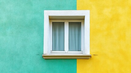 Fototapeta premium White window with on building with colorful yellow and green wall. Front view minimal vacation travel concept.