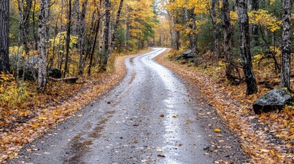 Fototapeta premium Winding autumn road in a forest after rain.