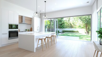 Fototapeta premium Modern white kitchen island with wooden bar stools features large sliding glass doors opening to a sunny green backyard garden.