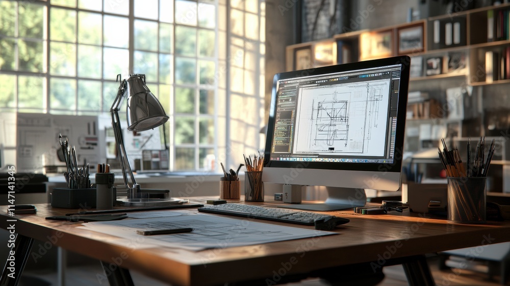 Aufkleber modern engineering desk in a bright workspace with ample natural light and organized design tools. g