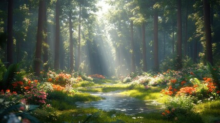 Obraz premium Serene forest scene with sunlight and colorful flowers.
