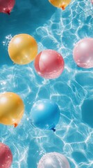 Colorful balloons floating on the surface of a clear blue swimming pool during a sunny afternoon