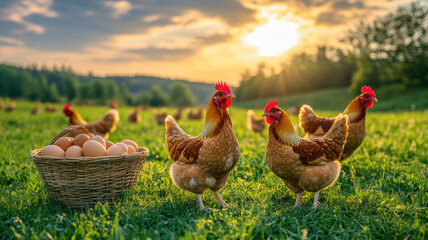 Fototapeta premium Happy chickens foraging in an open field near baskets of freshly collected eggs, symbolizing ethical farming and high-quality nutrition. 