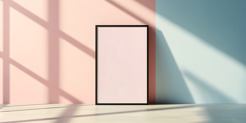 Blank Poster Stands Against Pastel Walls With Light Shadows