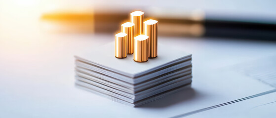 Modern office desk with stacked papers and golden bars symbolizing growth