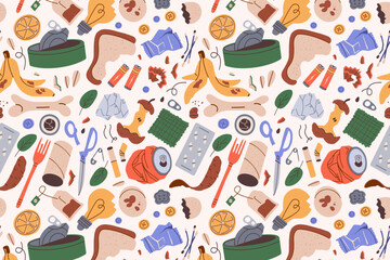 Garbage seamless pattern, waste Sorting, Different Types of Garbage, Paper, Plastics, Metal, Glass, Organic, E-Waste, Vector Illustration