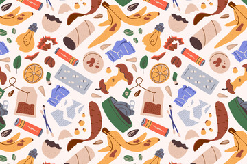 Garbage seamless pattern, waste Sorting, Different Types of Garbage, Paper, Plastics, Metal, Glass, Organic, E-Waste, Vector Illustration