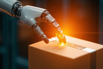 robotic arm delicately places glowing package on surface, showcasing advanced technology and precision