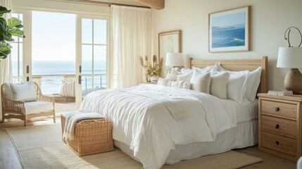 Stylish coastal bedroom with ocean views, soft cream bedding, wooden accents, gentle morning light 