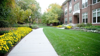 Obraz premium Curving walkway through landscaped campus.