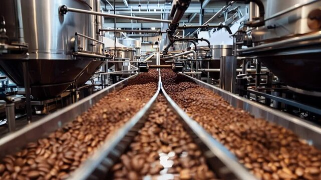 Fresh cocoa beans moving on conveyor belt in a modern food processing facility. Industrial manufacturing line producing delicious chocolate