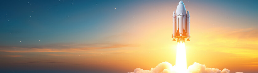 Obraz premium stunning rocket launches into sky, leaving trail of fire and smoke against vibrant sunset