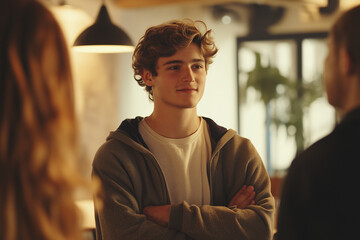 Young entrepreneur presents innovative startup idea in modern workspace during afternoon meeting